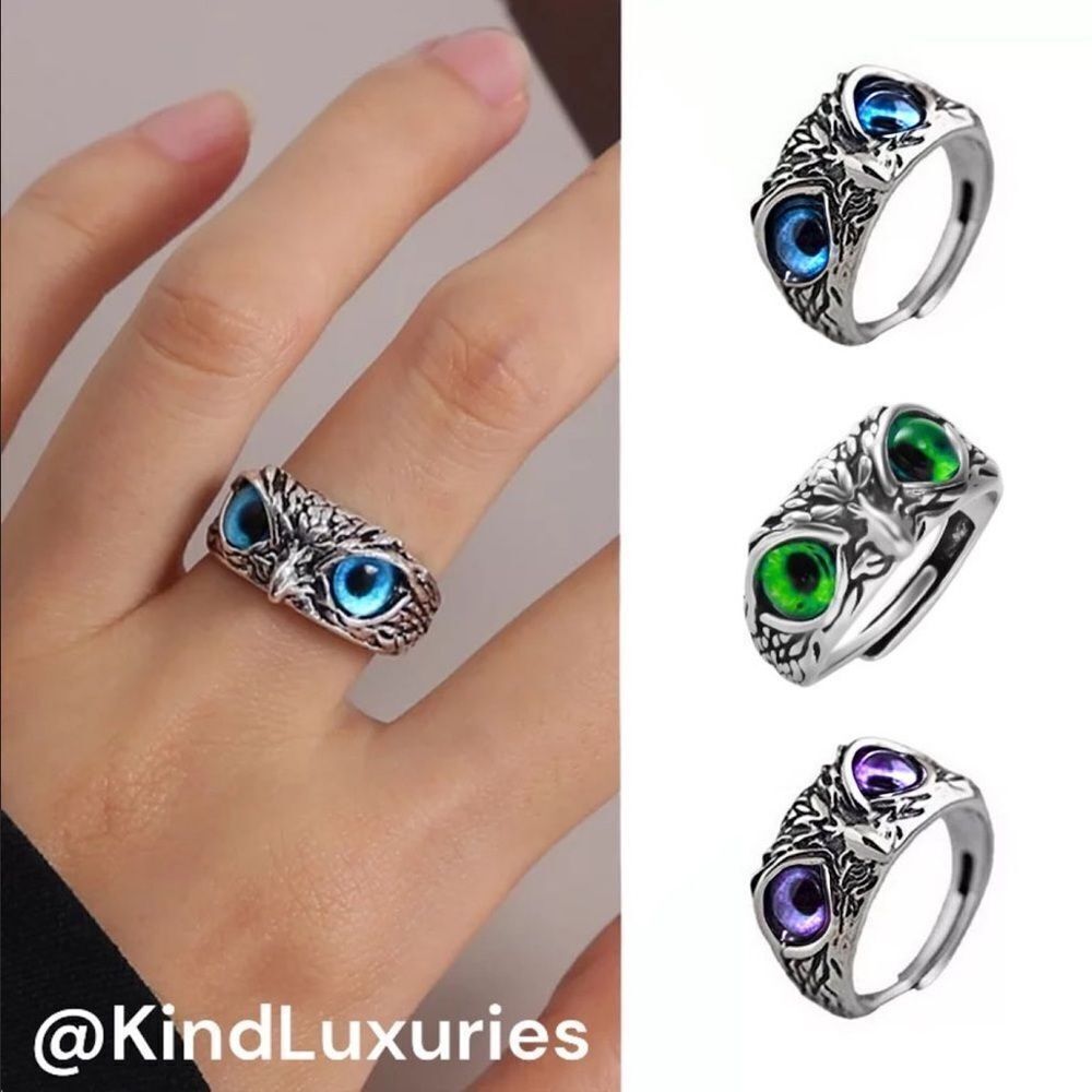💎251💎 Vintage Style Bird of Prey, Owl Eyes Silver Stainless Steel Ring